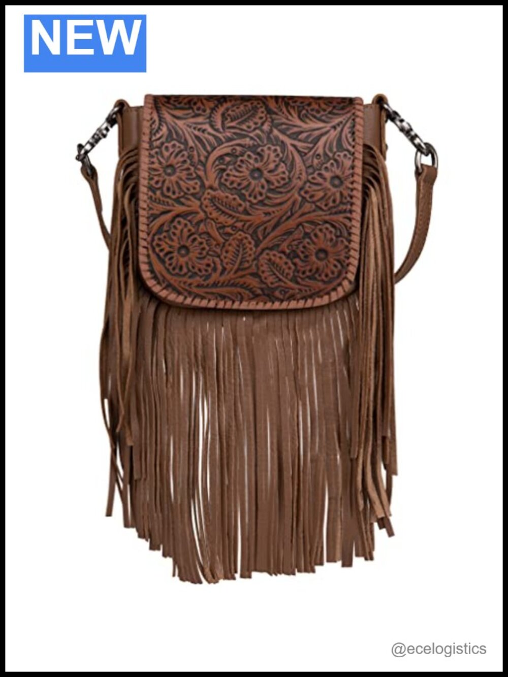 Genuine Leather Fringe Crossbody Bag with Floral Tooled Pattern - Small